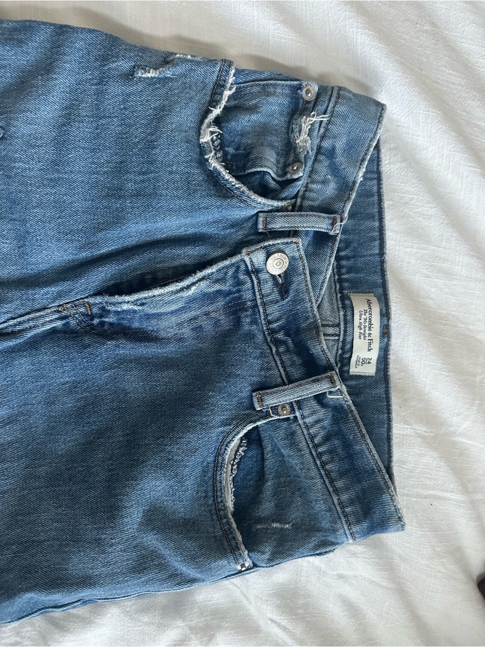 Abercrombie & Fitch Women’s Light Blue Distressed Jeans with Crossover Waist